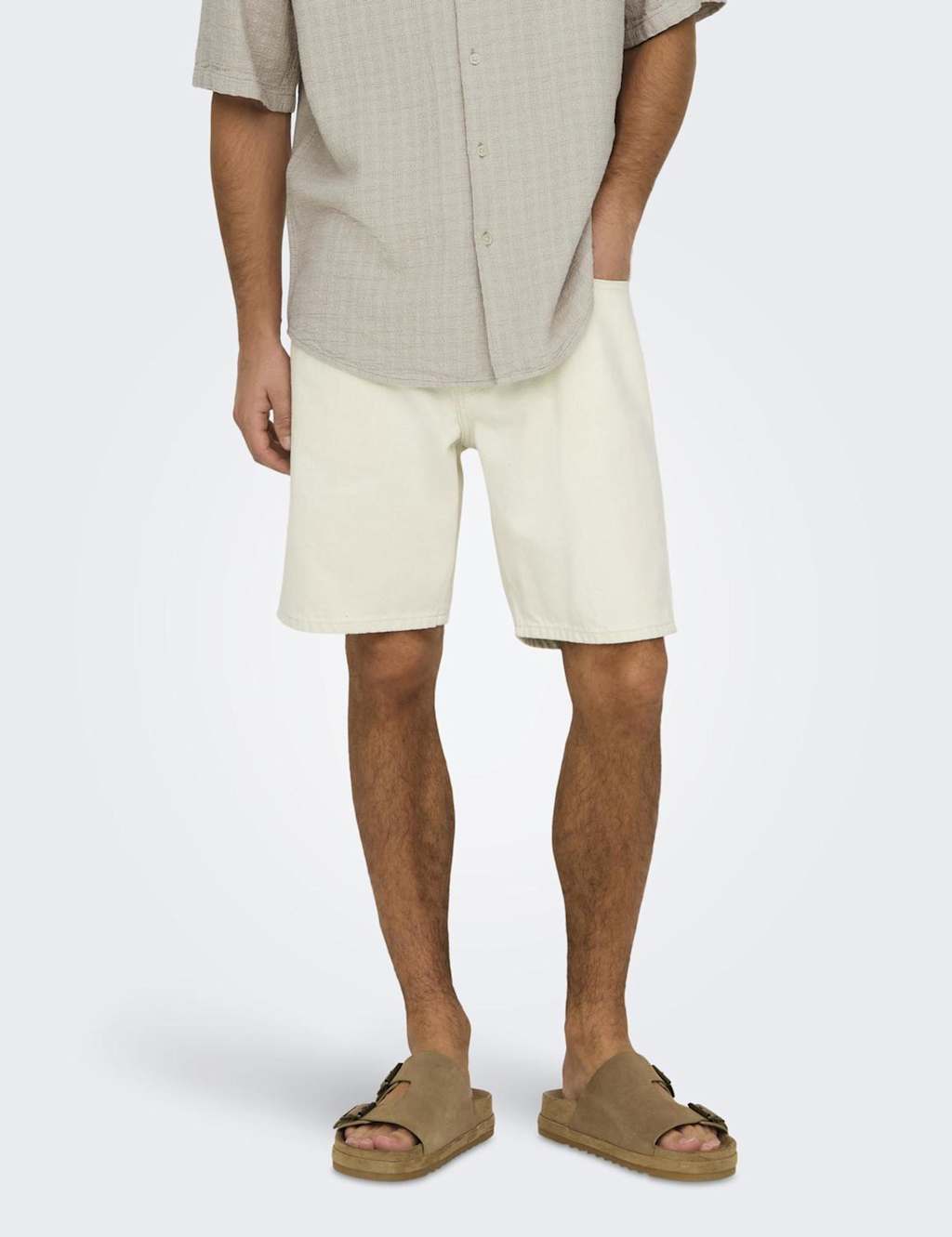Only & Sons Men's 5 Pocket Rigid Denim Shorts - Beige, Beige