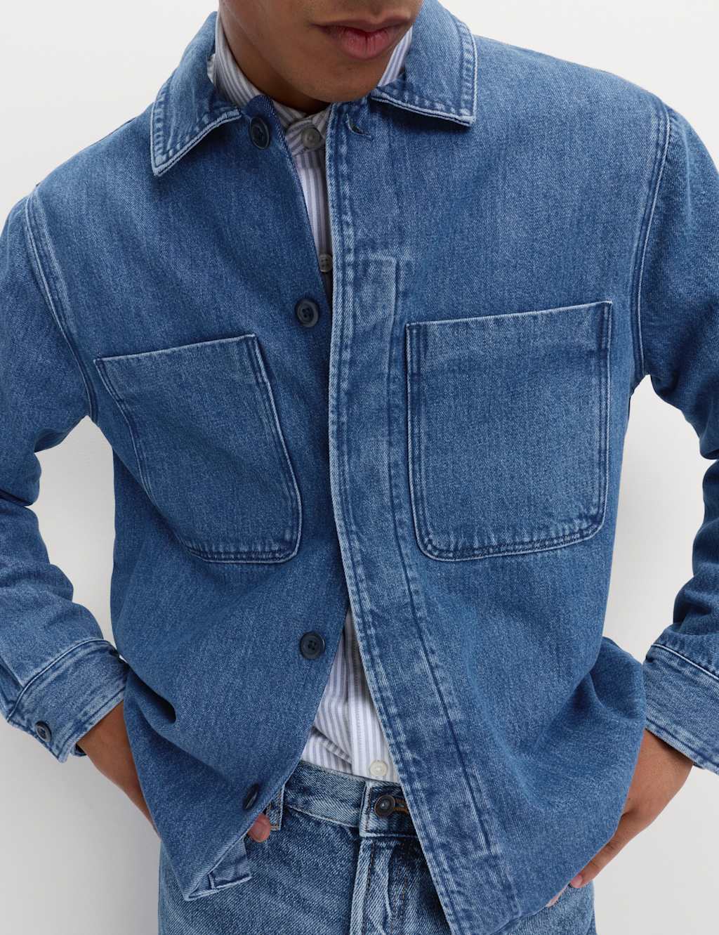 M&S Collection Men's Pure Cotton Denim Overhead Shirt - LREG - Indigo, Indigo