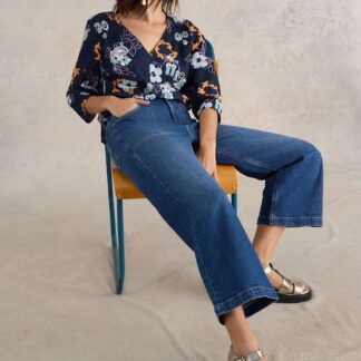 White Stuff Women's Mid Rise Wide Leg Cropped Jeans - 14REG - Med Blue Denim, Med Blue Denim