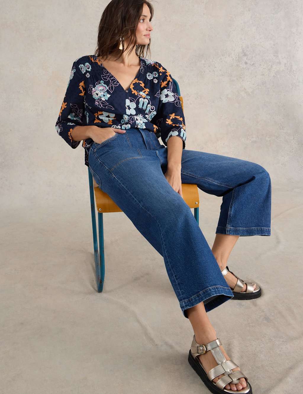 White Stuff Women's Mid Rise Wide Leg Cropped Jeans - 14REG - Med Blue Denim, Med Blue Denim