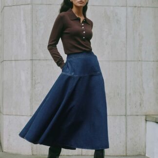 Albaray Pure Cotton Denim Midi Skirt Dark Blue Denim
