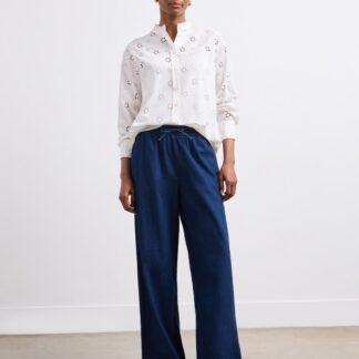 Finery London Denim Drawstring Wide Leg Trousers Blue Denim