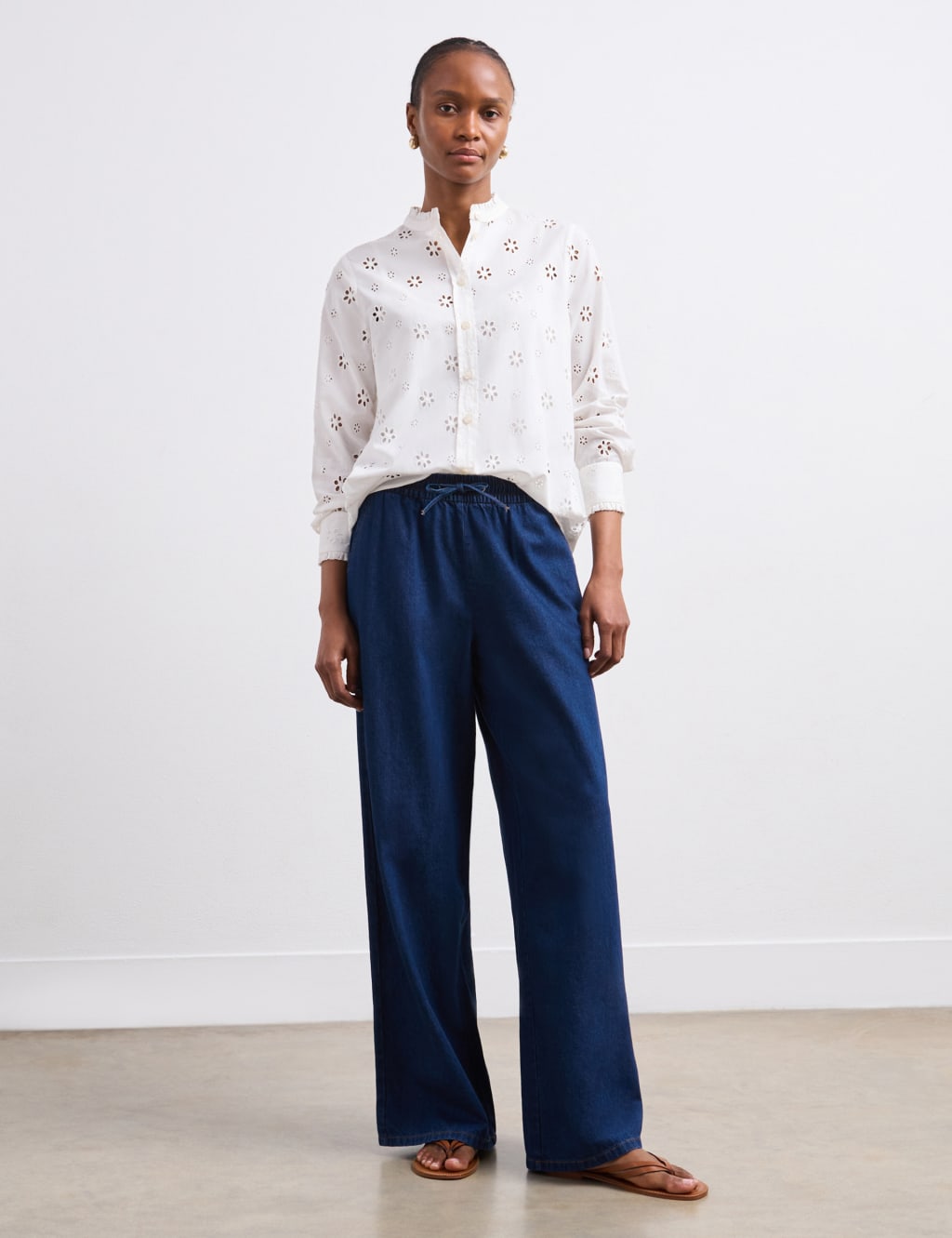 Finery London Denim Drawstring Wide Leg Trousers Blue Denim
