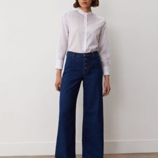 Finery London High Waisted Button Front Wide Leg Jeans Blue Denim