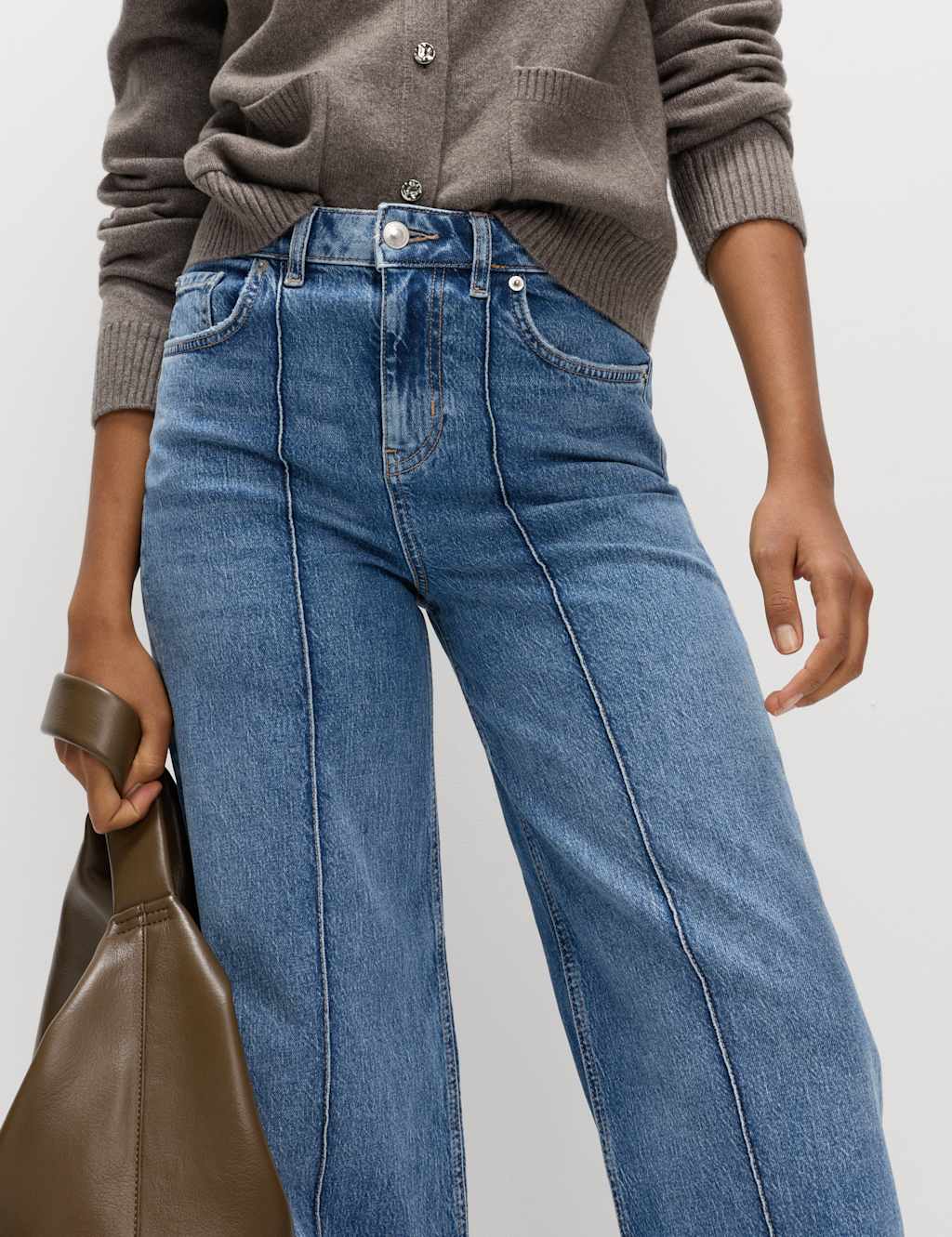 M&S Collection Women's High Waisted Pintuck Wide Leg Jeans - 20REG - Medium Indigo, Medium Indigo