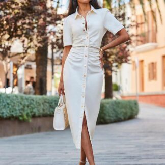 SOSANDAR Denim Collared Ruched Midaxi Bodycon Dress Ivory