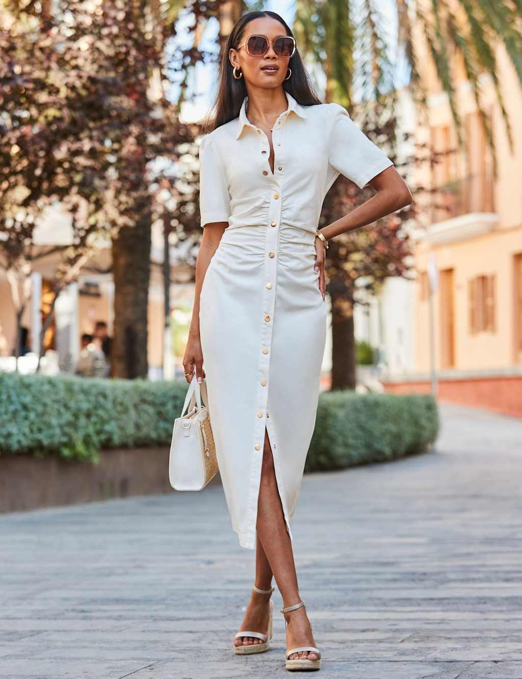 SOSANDAR Denim Collared Ruched Midaxi Bodycon Dress Ivory