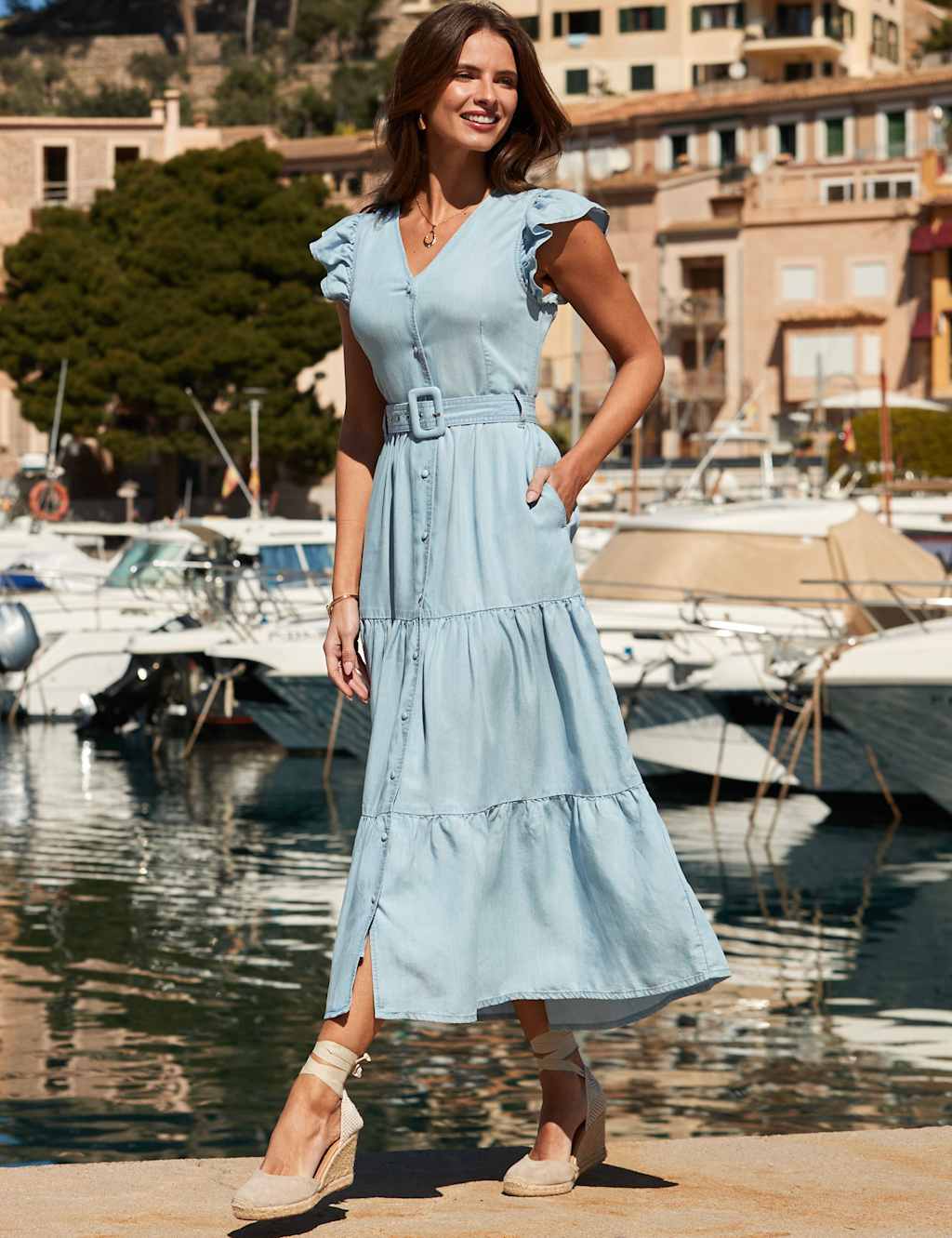 SOSANDAR Pure Lyocell Belted Midaxi Tiered Dress Light Blue