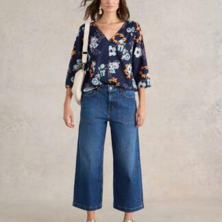 White Stuff Mid Rise Wide Leg Cropped Jeans Dark Denim