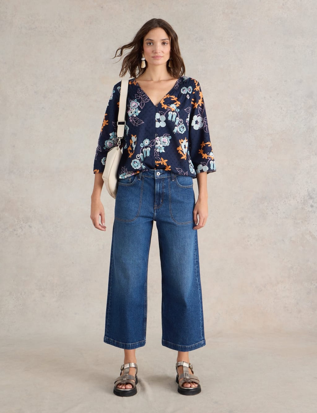 White Stuff Mid Rise Wide Leg Cropped Jeans Dark Denim