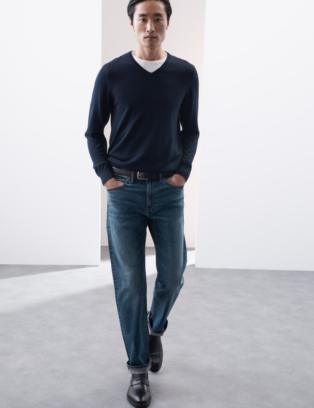 Autograph Straight Fit Japanese Selvedge Jeans Med Blue Denim