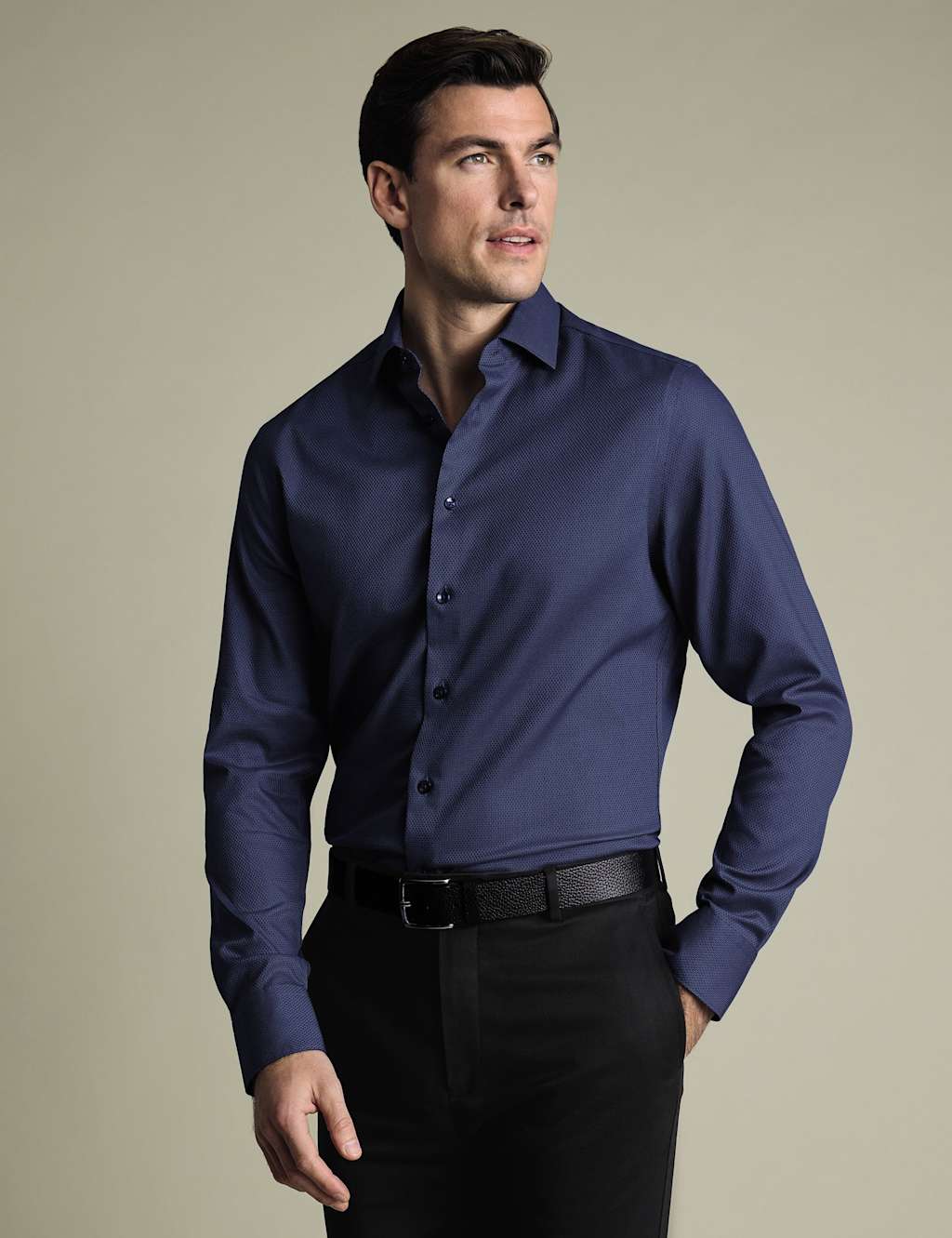 Charles Tyrwhitt Slim Fit Non Iron Pure Cotton Textured Shirt Blue Denim