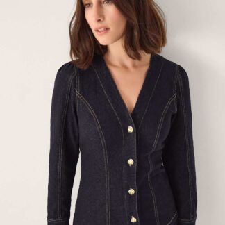 Monsoon Cotton Rich Denim Tailored V-Neck Shirt Indigo