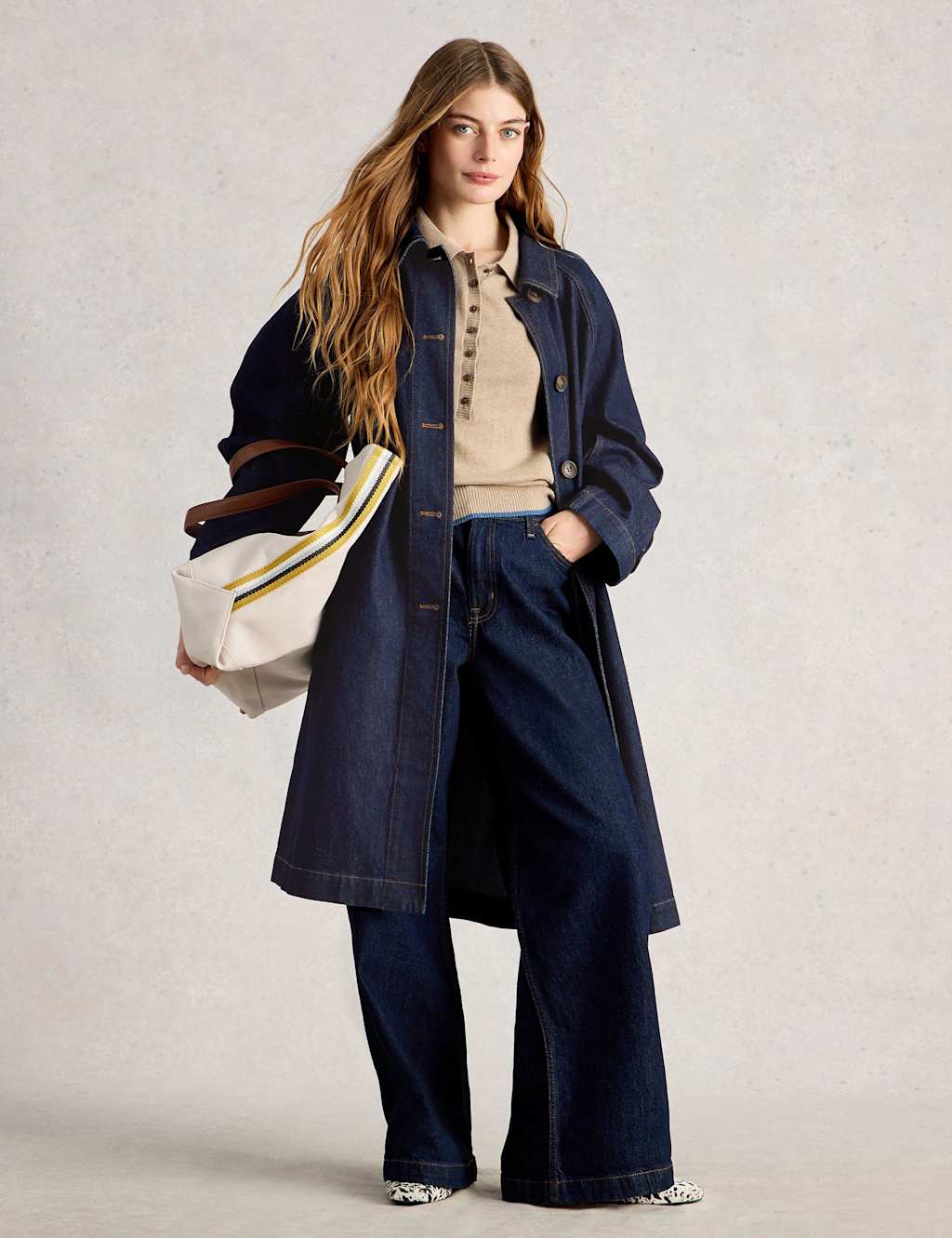 White Stuff Denim Collared Longline Coat Dark Blue Denim