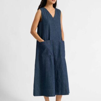 Albaray Denim V-Neck Midi A-Line Swing Dress Indigo