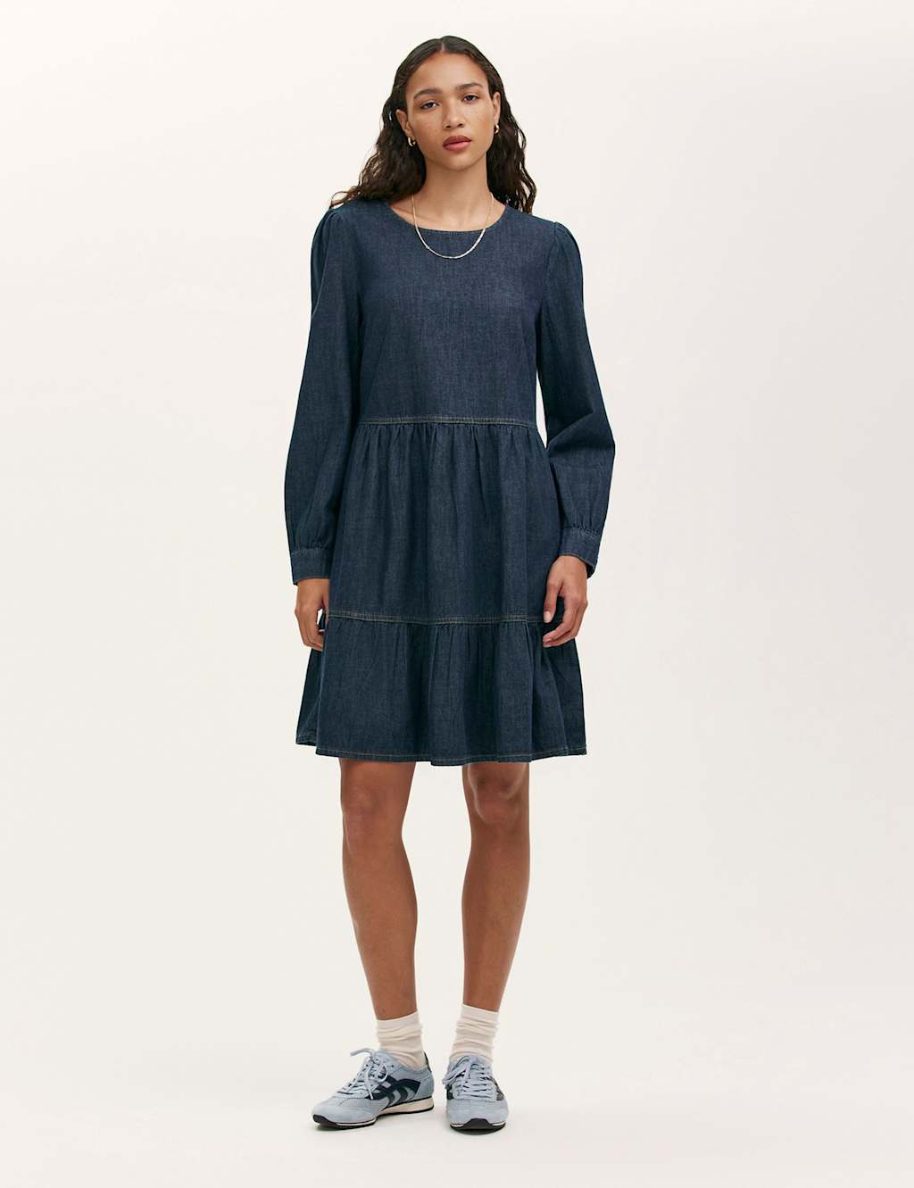 Finery London Denim Round Neck Midi Tiered Dress Indigo