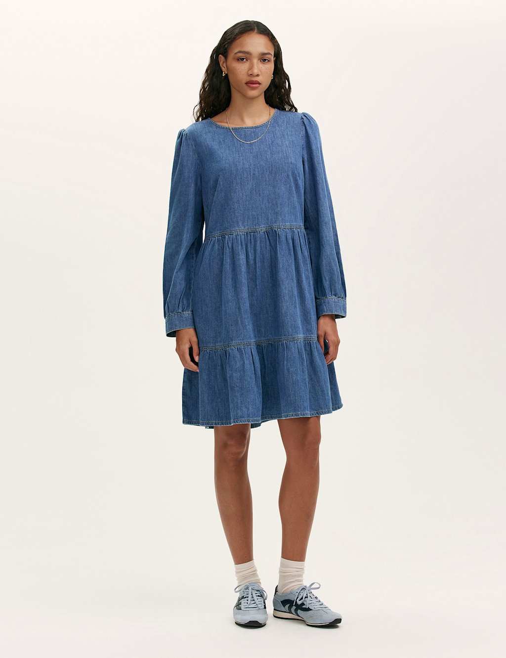 Finery London Denim Round Neck Midi Tiered Dress Light Blue