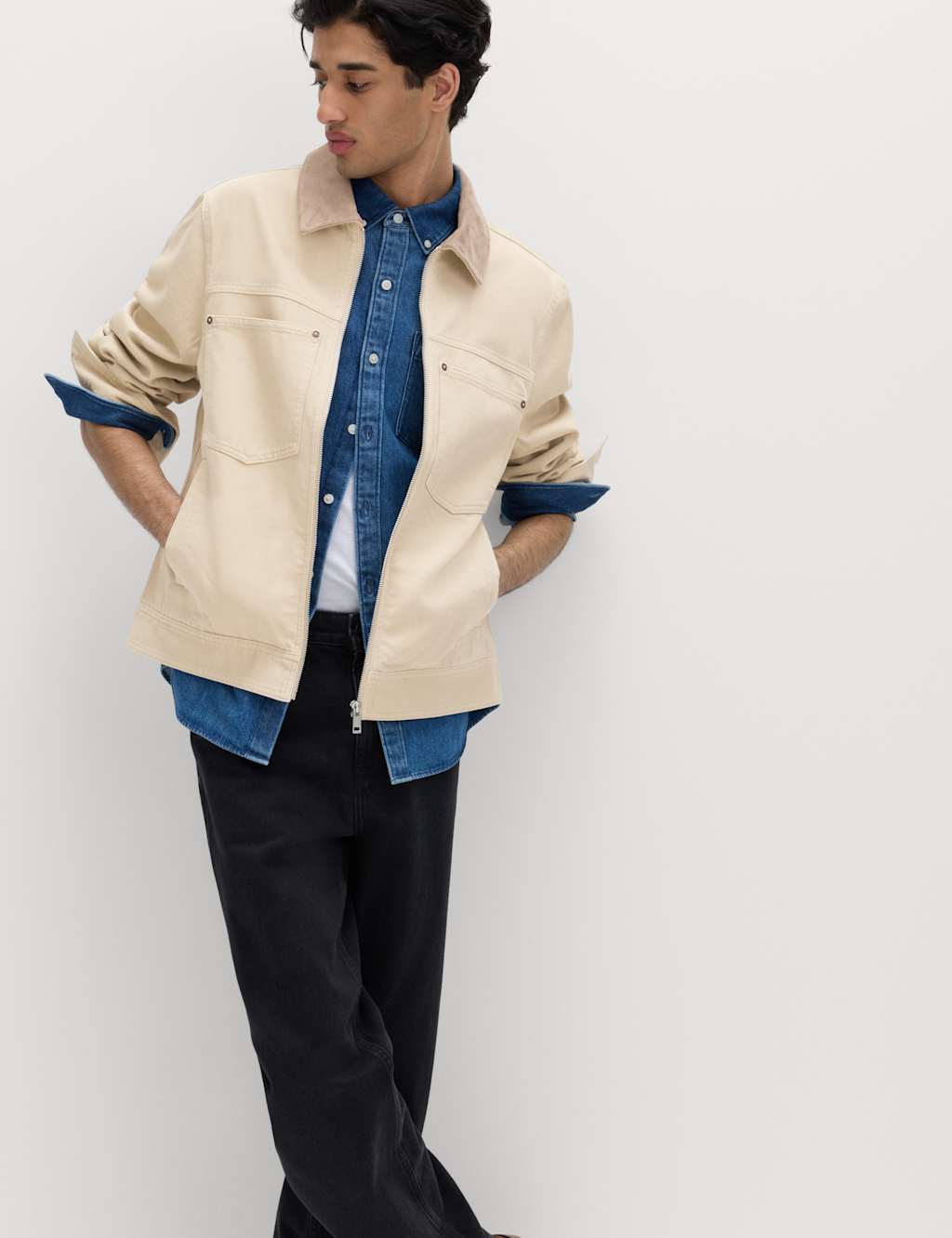 M&S Pure Cotton Contrast Collar Denim Trucker Neutral