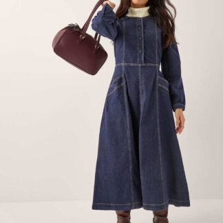 Monsoon Cotton Rich Denim Midi Waisted Dress Indigo