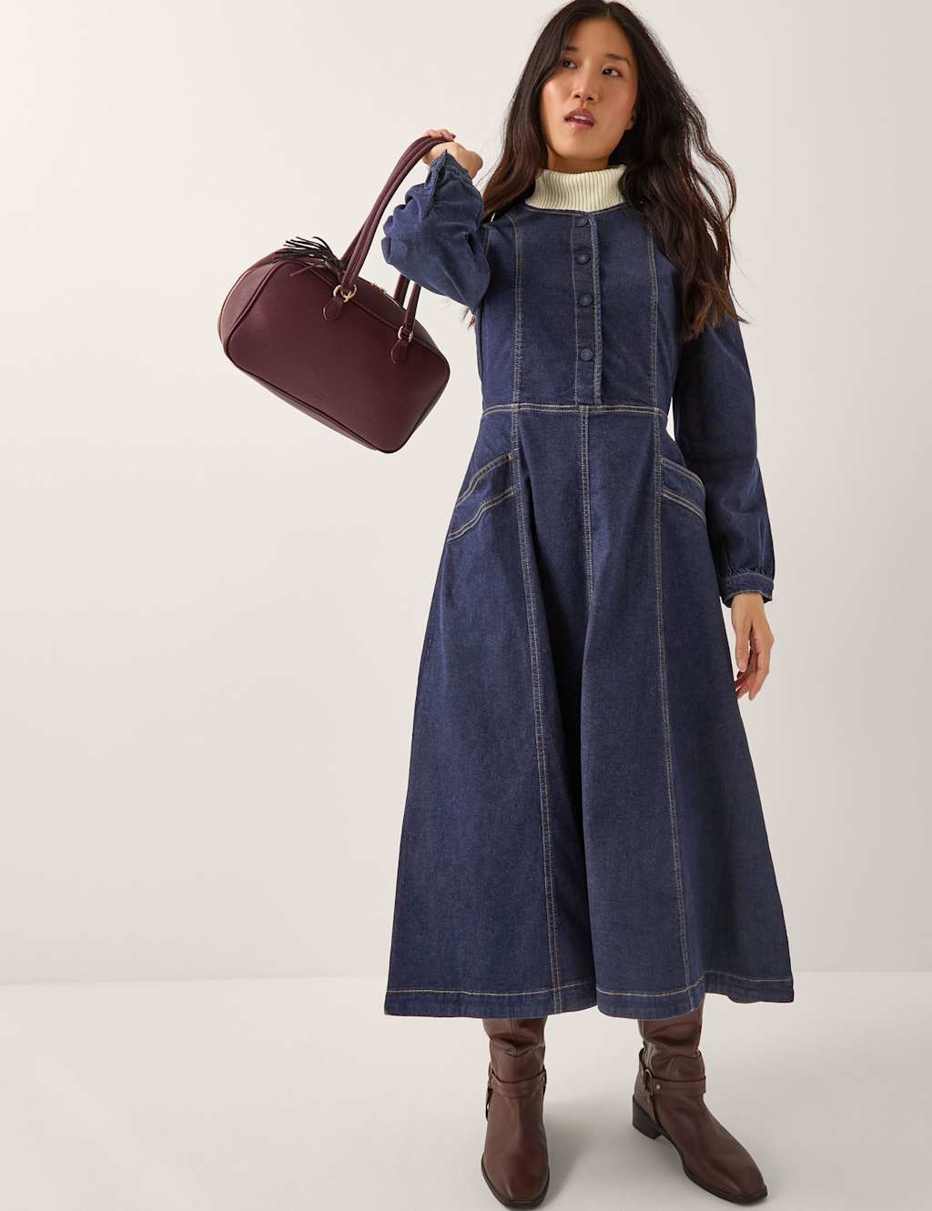 Monsoon Cotton Rich Denim Midi Waisted Dress Indigo