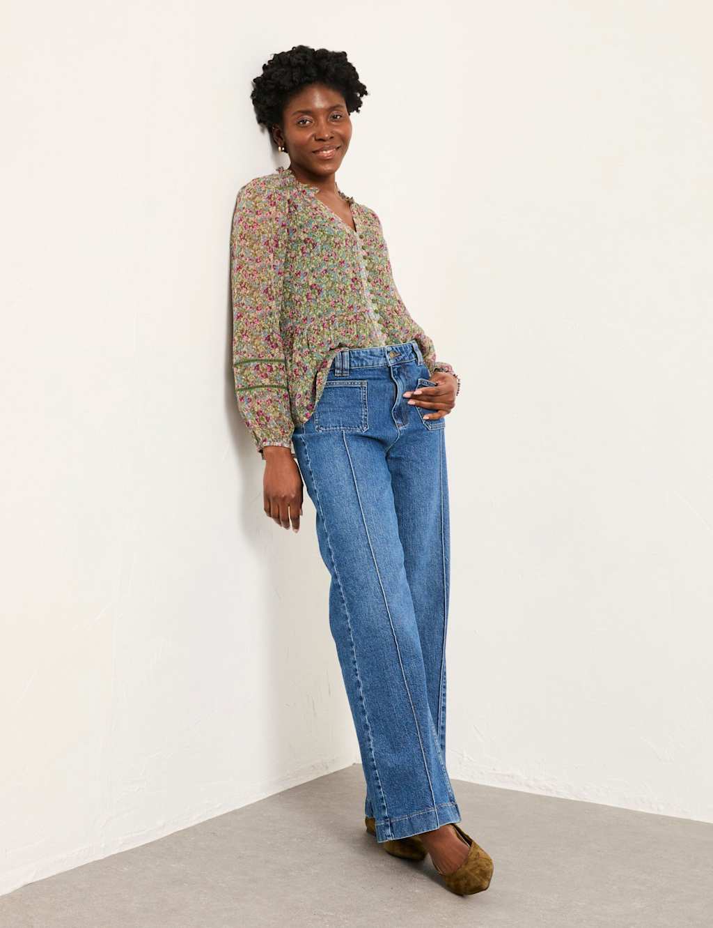 FatFace Mid Rise Crease Front Flared Jeans Blue Denim