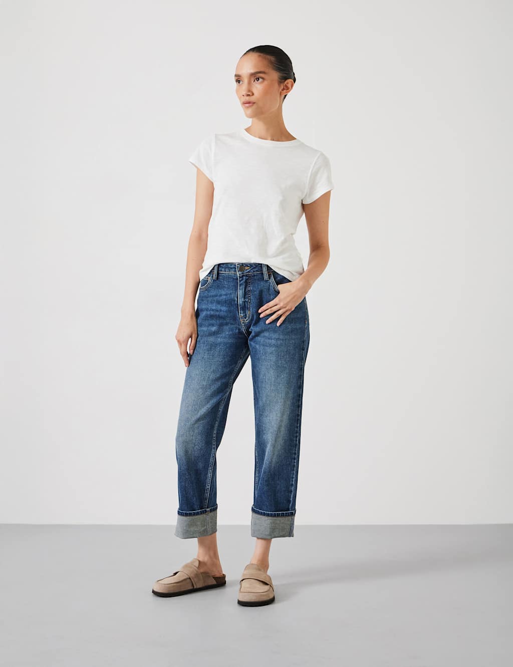 HUSH Agnes Straight Leg Mid Rise Cropped Turn Up Jeans Blue Denim