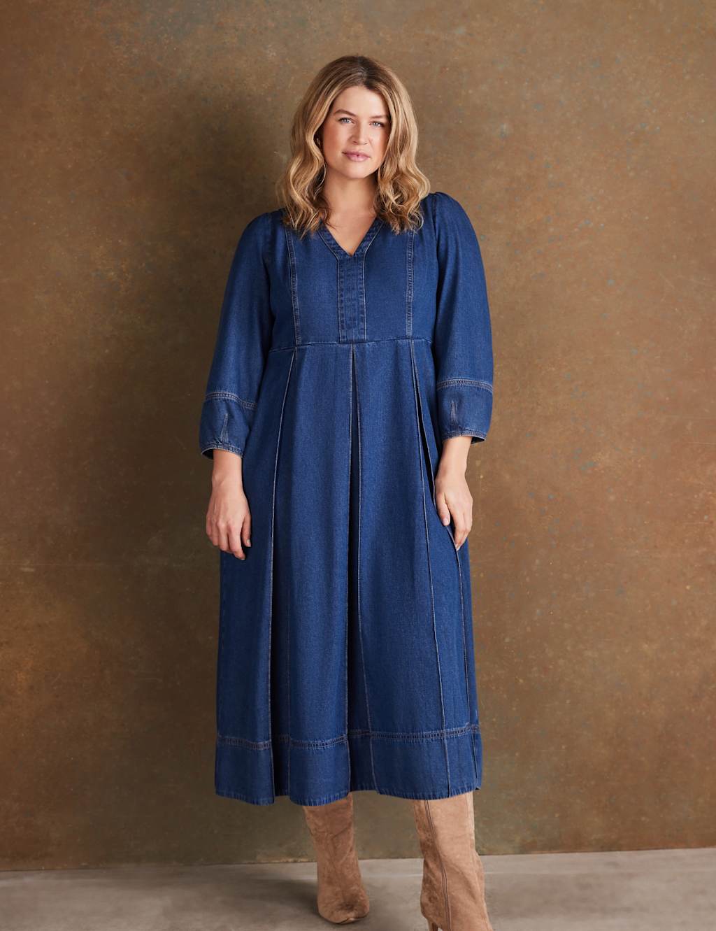 Live Unlimited London Pure Cotton Denim V-Neck Midaxi Dress Blue Denim