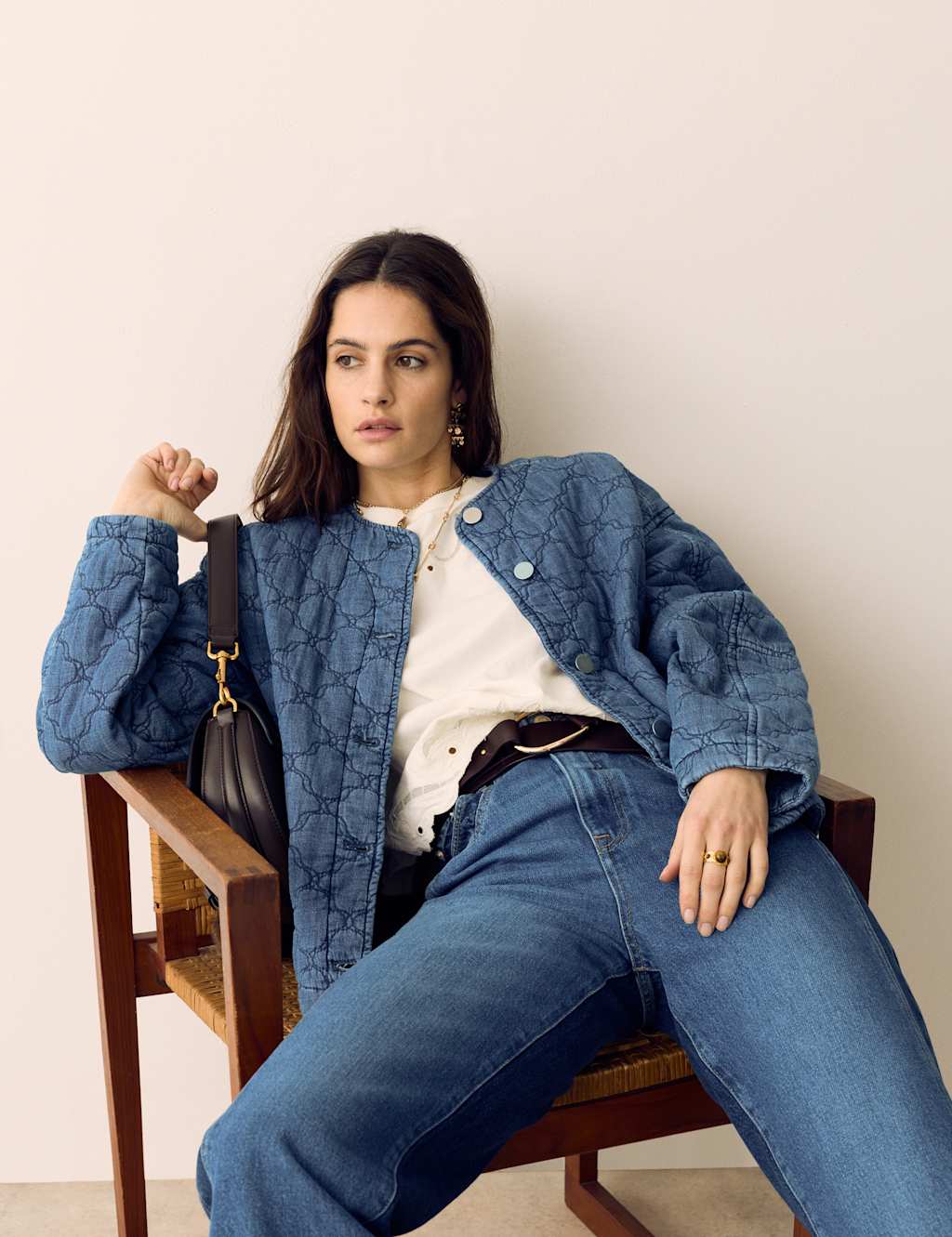 Per Una Denim Quilted Bomber Jacket Light Indigo