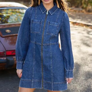 RO&ZO Pure Cotton Denim Zip Up Mini Waisted Dress Blue Denim