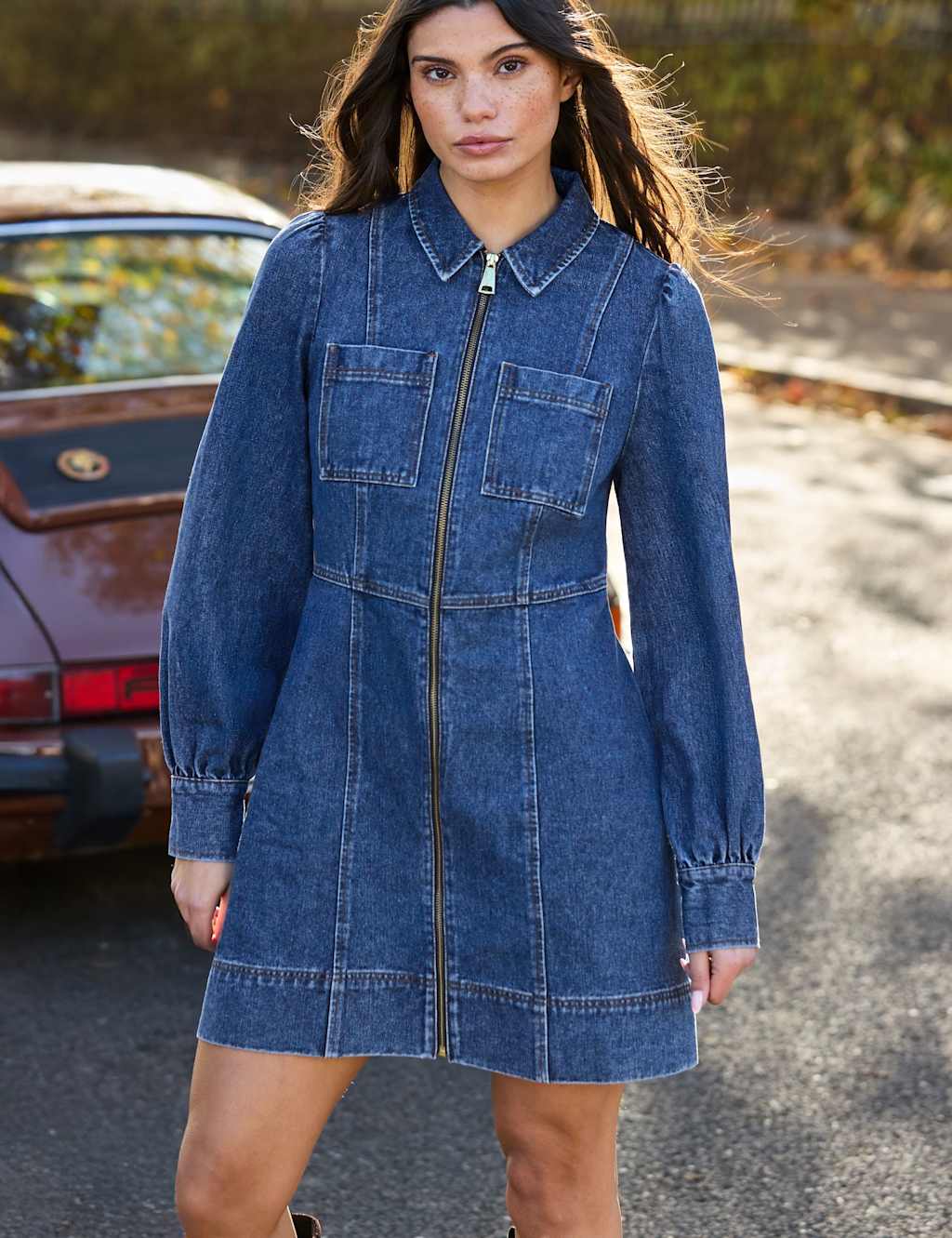 RO&ZO Pure Cotton Denim Zip Up Mini Waisted Dress Blue Denim