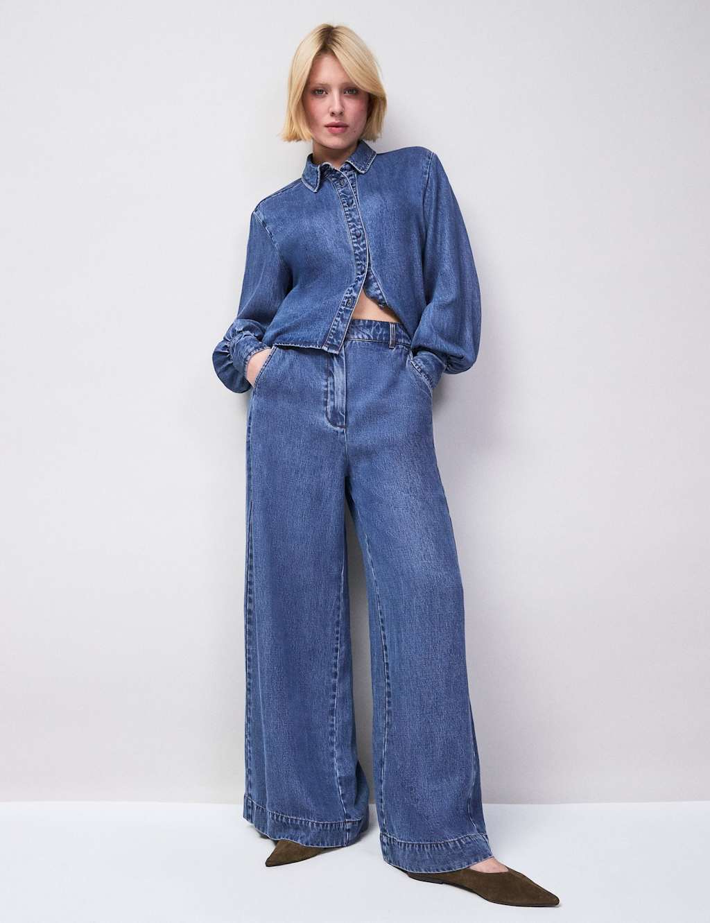 RO&ZO Purre Lyocell Mid Rise Wide Leg Jeans Blue Denim