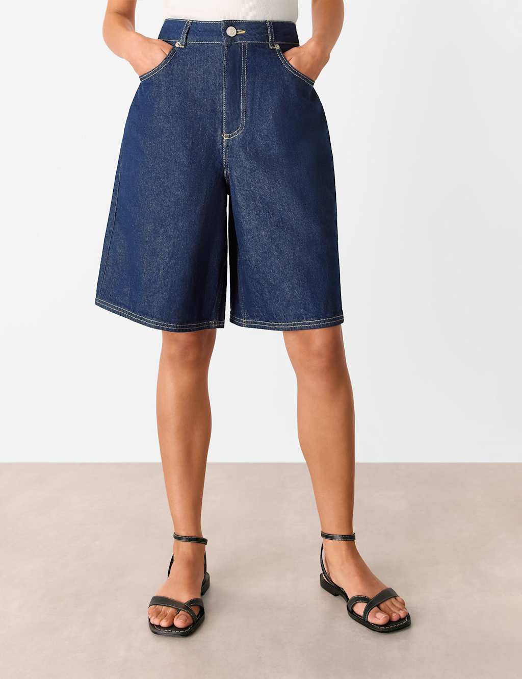 Whistles Denim High Waisted Knee Length Shorts Dark Blue Denim