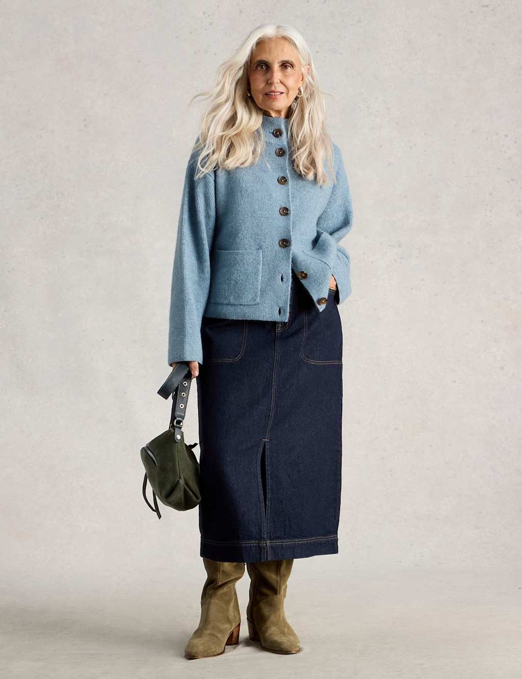 White Stuff Cotton Rich Denim Split Front Midi Skirt Dark Blue Denim