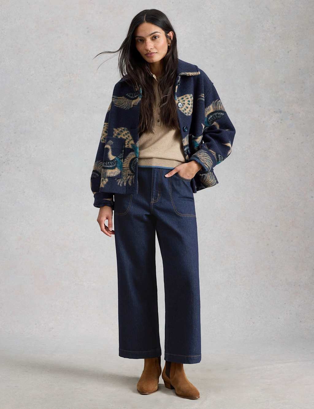 White Stuff Mid Rise Wide Leg Cropped Jeans Dark Blue Denim