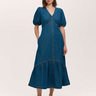 Finery London Denim Button Through Midi Tiered Dress Mid Blue
