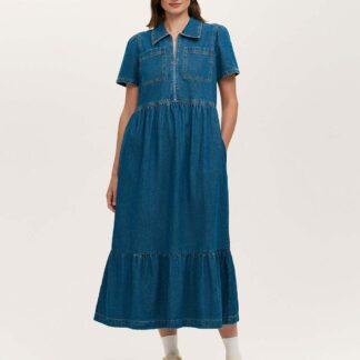 Finery London Pure Cotton Denim Midi Shirt Dress Mid Blue