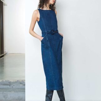 French Connection Denim Slash Neck Belted Midi Column Dress Blue
