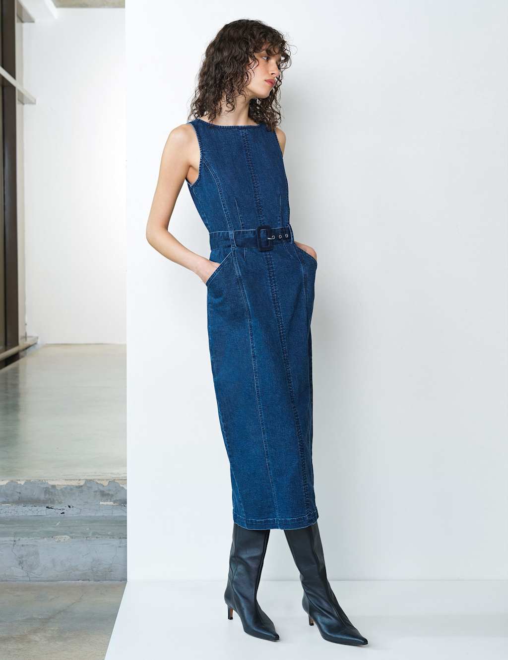 French Connection Denim Slash Neck Belted Midi Column Dress Blue