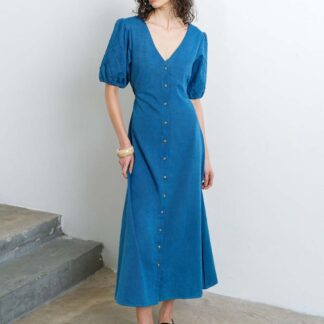 French Connection Pure Cotton Chambray Puff Sleeve Midi Dress Denim
