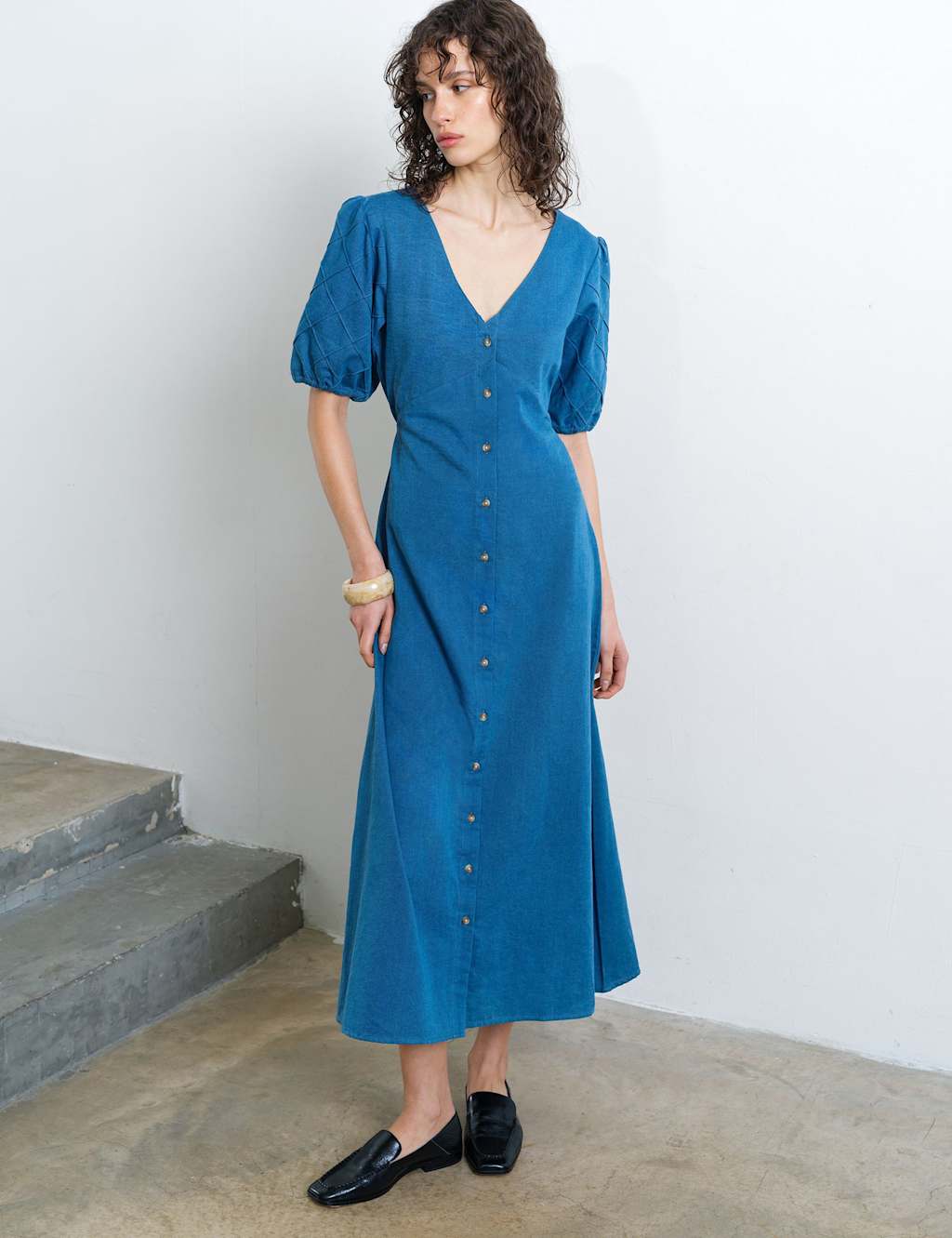 French Connection Pure Cotton Chambray Puff Sleeve Midi Dress Denim