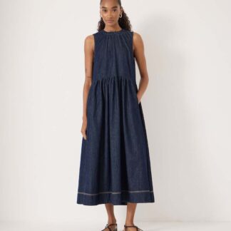 HUSH Denim Crew Neck Midaxi Waisted Dress Blue Denim