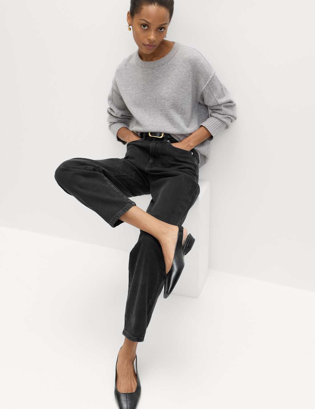 M&S Mom High Waisted Ankle Grazer Jeans Black