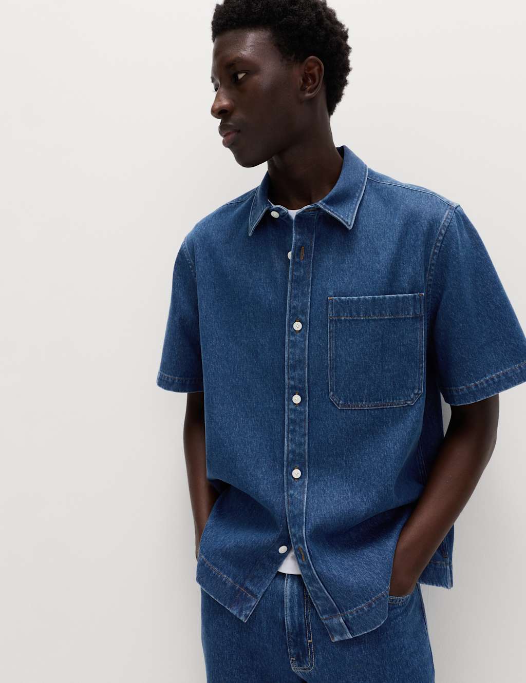 M&S Pure Cotton Denim Short Sleeve Shirt Light Blue