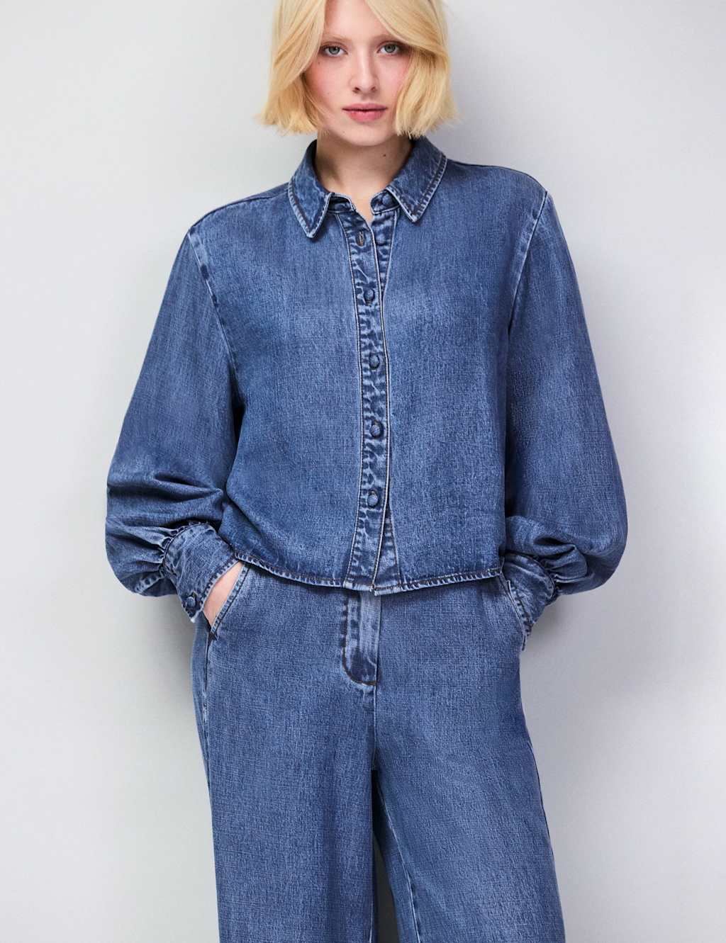 RO&ZO Lyocell™ Denim Collared Cropped Shirt Blue Denim