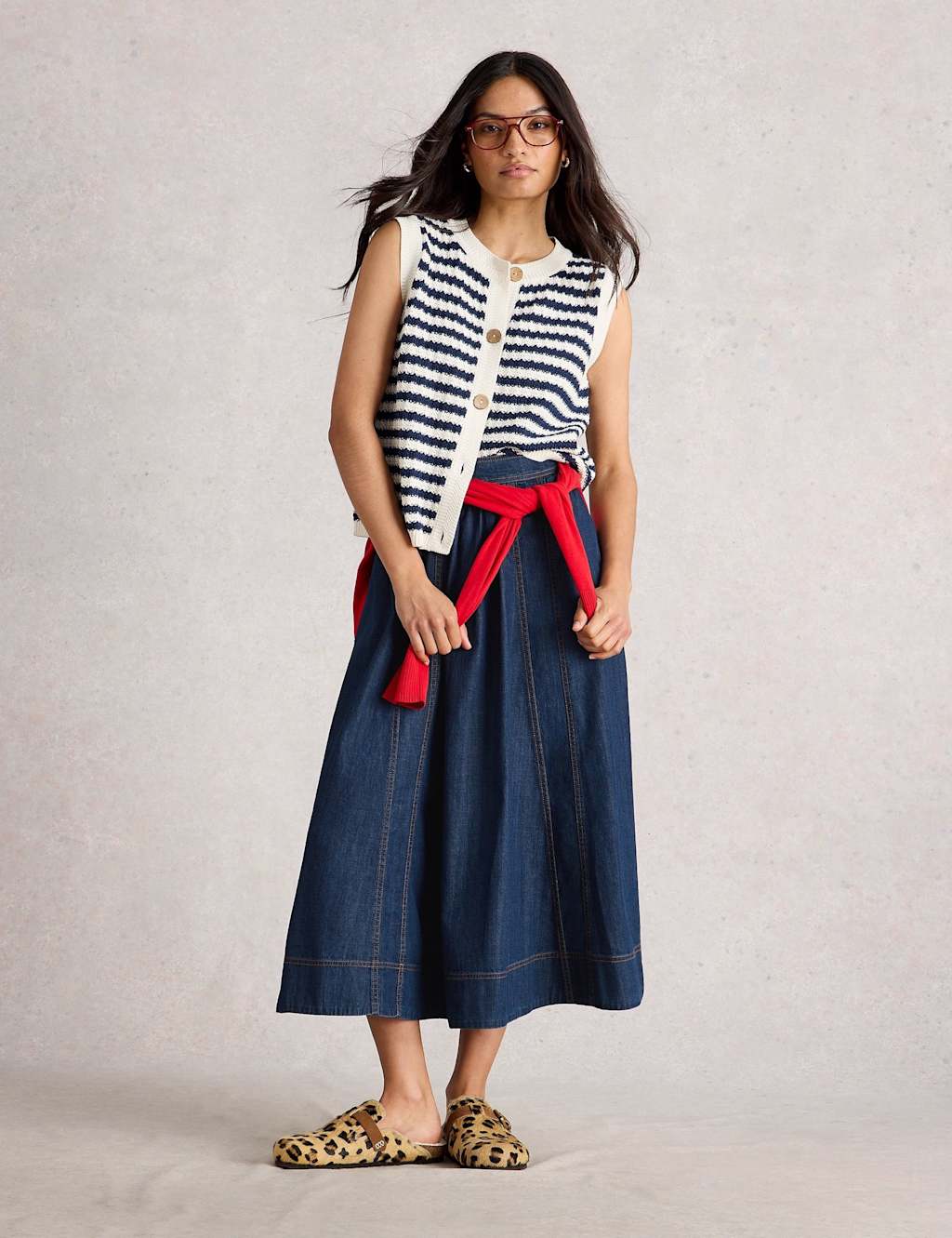 White Stuff Denim Midi A-Line Skirt Dark Blue Denim