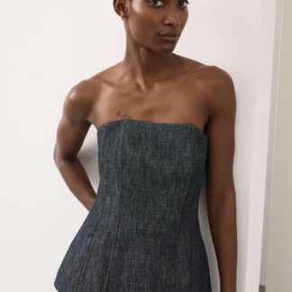 Autograph Linen Rich Fitted Bandeau Top Denim