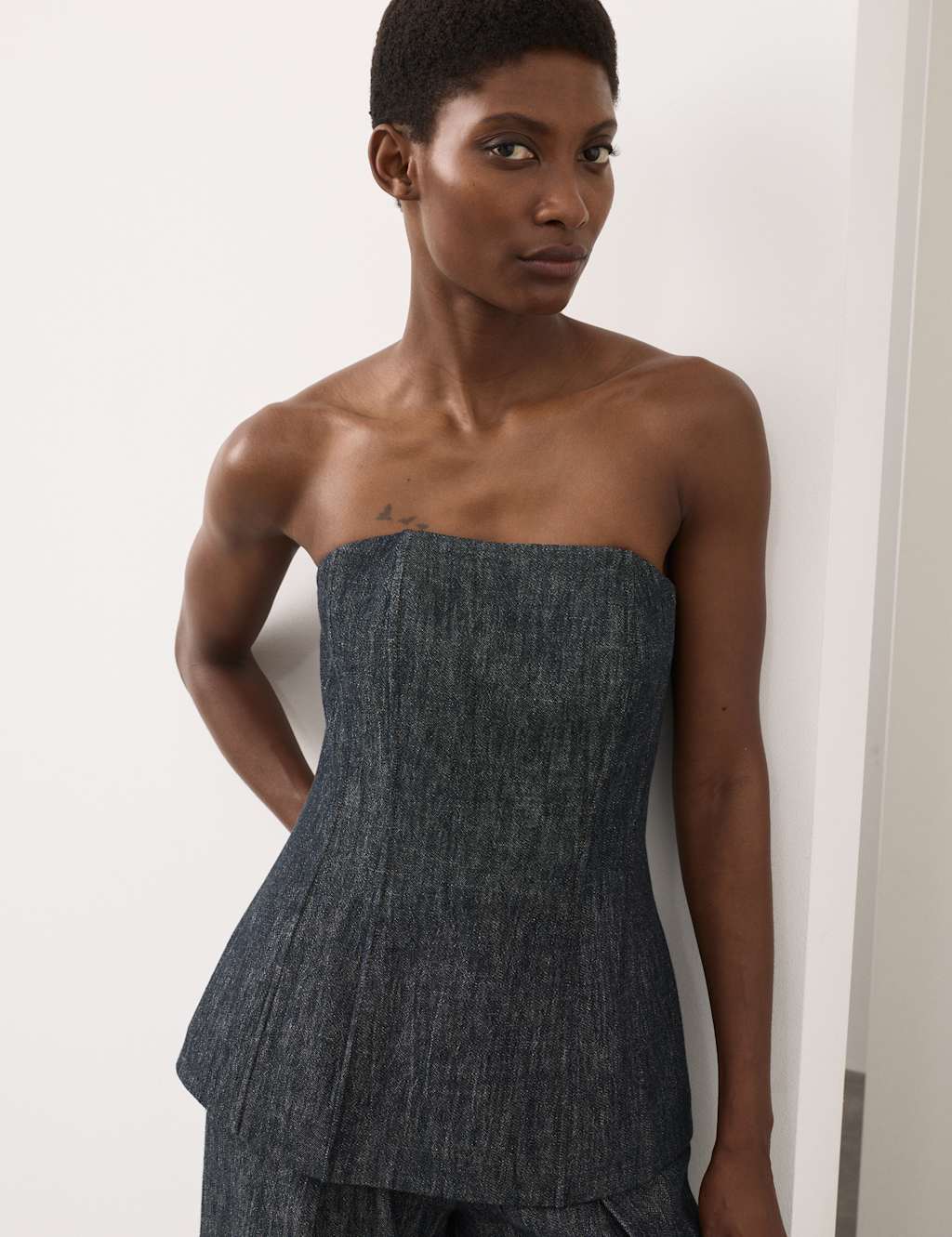 Autograph Linen Rich Fitted Bandeau Top Denim