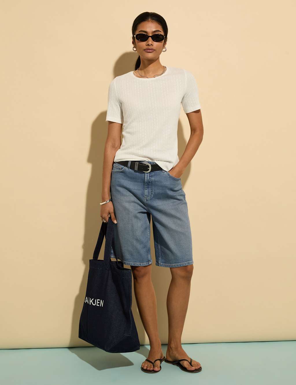 BAUKJEN Cotton Rich Denim High Waisted Shorts Light Indigo