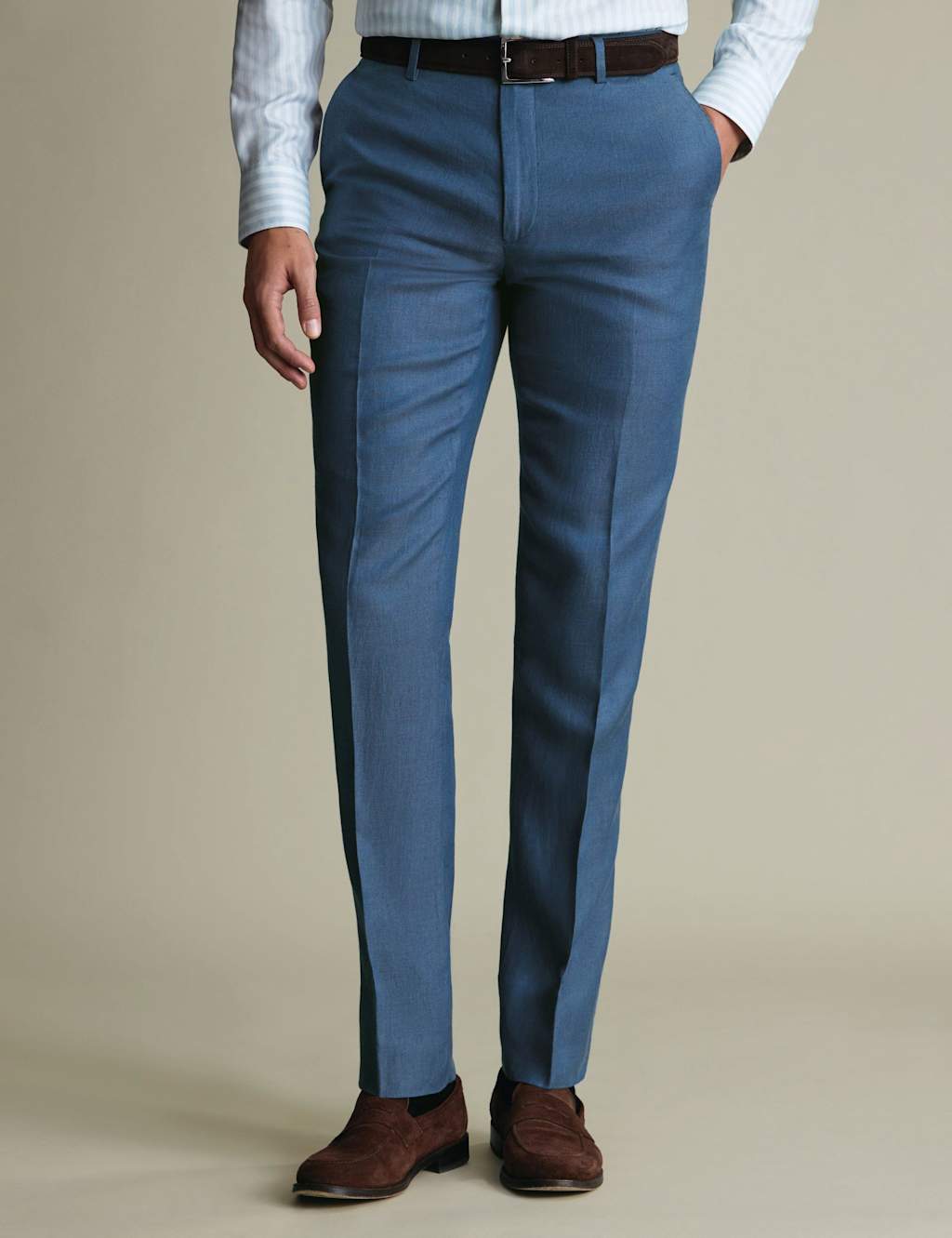 Charles Tyrwhitt Slim Fit Pure Linen Trousers Blue Denim