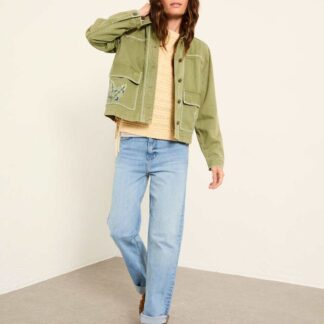 FatFace Denim Embroidered Cropped Utility Jacket Khaki Mix